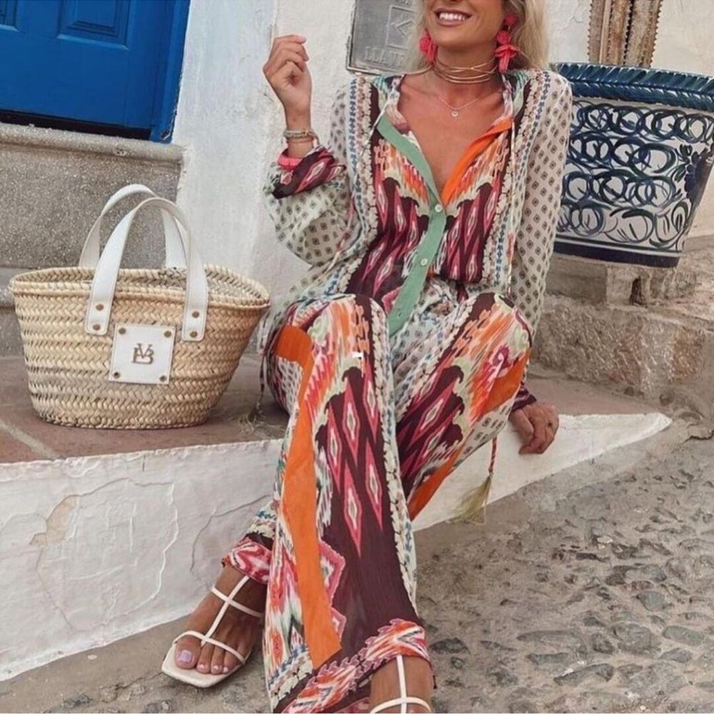 Zara feather trim printed blouse